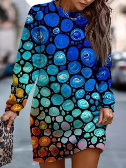 Women's Casual Dress Sweatshirt Dress Winter Dress Floral Geometric Print Crew Neck Mini Dress Fashion Streetwear Outdoor Daily Long Sleeve Loose Fit White Pink Blue Fall Winter S M L XL XXL -Tesla Style uijfjc1694076178603