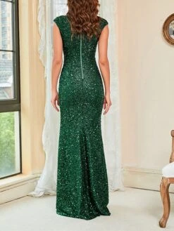 Women's Bodycon Sheath Dress Maxi Long Dress Green Sleeveless Pure Color Sequins Spring Summer V Neck Stylish Hot Sexy Party 2022 XS S M L XL XXL / Party Dress / Sequin Dress -Tesla Style uijvsp1656583540994