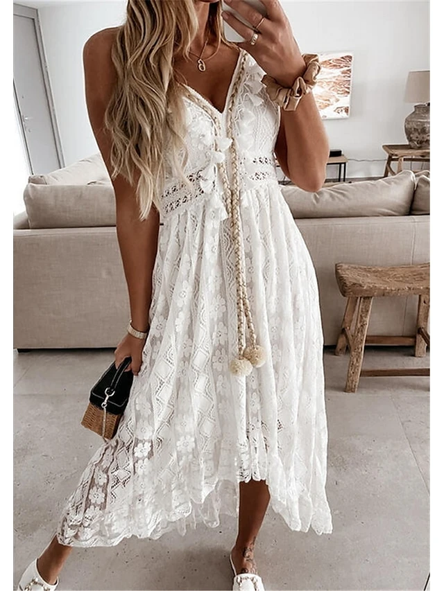 Women's Party Dress Casual Dress Holiday Dress Long Dress Maxi Dress White Beige Sleeveless Print Lace Summer Spring V Neck Basic Vacation 2023 S M L XL XXL 5 Women's Party Dress Casual Dress Holiday Dress Long Dress Maxi Dress White Beige Sleeveless Print Lace Summer Spring V Neck Basic Vacation 2023 S M L XL XXL - Image 3