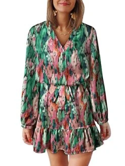 Women's Work Dress A Line Dress Fashion Mini Dress Lace Up Ruffle V Neck Long Sleeve Floral Regular Fit Black Pink Blue Fall S M L XL -Tesla Style uixlkk1694490795134