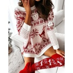 Women‘s Christmas Sweater Dress Winter Dress Casual Dress Red White Long Sleeve Elk Tree Snowflake Knit Print Winter Fall Crew Neck Fashion Casual Fit 2022 S M L XL -Tesla Style ujduhu1662546639859