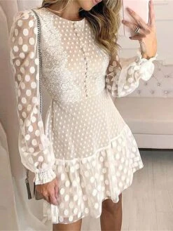 Women's Party Dress Lace Dress Wedding Guest Dress Mini Dress White Long Sleeve Polka Dot Lace Spring Fall Winter Crew Neck Fashion Birthday Wedding Guest Vacation 2023 S M L XL XXL -Tesla Style ujmamd1691746156381