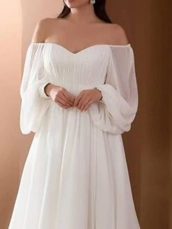 Women's Prom Dress Party Dress Wedding Guest Dress Long Dress Maxi Dress White Long Sleeve Pure Color Ruched Fall Winter Autumn Off Shoulder Fashion Winter Dress Wedding Guest Birthday 2023 S M L XL -Tesla Style ujpnmd1697097652874