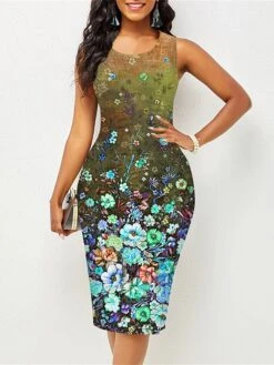 Women's Work Dress Sheath Dress Semi Formal Dress Fashion Midi Dress Print Crew Neck Sleeveless Floral Slim Pink Red Blue Summer Spring S M L XL XXL -Tesla Style ukfxdu1677122660507