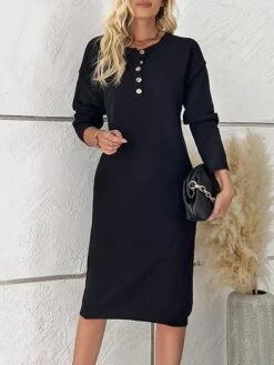 Women's Sweater Dress Winter Dress Jumper Dress Midi Dress Button Outdoor Work Street Fashion Modern Crew Neck Long Sleeve 2023 Loose Fit Black White Blue Color S M L XL Size -Tesla Style ukorql1694602805522