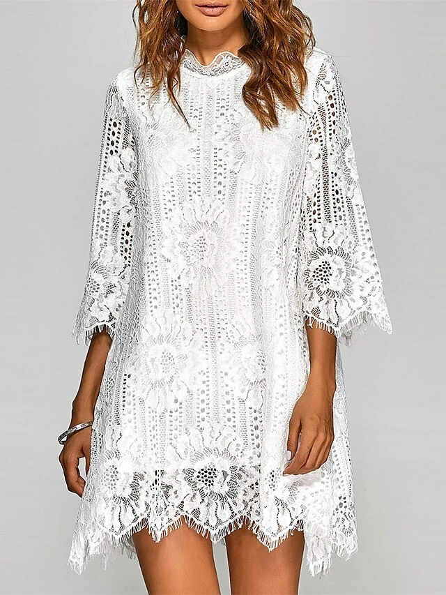 Women's Work Dress Party Dress Lace Dress Fashion Mini Dress Lace Stand Collar 3/4 Length Sleeve Plain Regular Fit Black White Spring Fall S M L XL XXL 3 Women's Work Dress Party Dress Lace Dress Fashion Mini Dress Lace Stand Collar 3/4 Length Sleeve Plain Regular Fit Black White Spring Fall S M L XL XXL