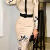 Women's Work Dress Bodycon Sheath Dress Knee Length Dress Black Red Khaki Long Sleeve Floral Print Fall Winter Autumn Stand Collar Stylish Winter Dress Fall Dress 2023 S M L XL 2XL