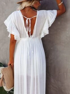Women's Long Dress Maxi Dress Party Dress Casual Dress Swing Dress Pure Color Fashion Casual Outdoor Daily Vacation Ruffle Backless Short Sleeve V Neck Dress Loose Fit ArmyGreen White Red Summer -Tesla Style uldmqs1676277808318
