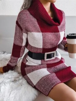 Women‘s Christmas Sweater Dress Winter Dress Sheath Dress Blue Wine Khaki Gray Long Sleeve Plaid Color Block Patchwork Winter Fall Turtleneck Casual S M L -Tesla Style ulhfqv1634118520664