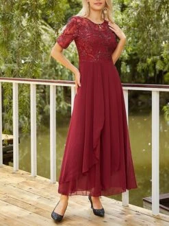 Women‘s Christmas Prom Dress Party Dress Sequin Dress Long Dress Maxi Dress Wine Half Sleeve Pure Color Sparkly Glitter Sequins Fall Winter Autumn Crew Neck Fashion Wedding Guest Evening Party -Tesla Style ullbjd1692946820320