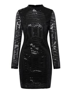 Women's Party Dress Sequin Dress Homecoming Dress Mini Dress Black Gold Flakes Black Long Sleeve Geometric Sequins Spring Fall Winter High Neck Party Party Winter Dress Birthday 2022 S M L XL -Tesla Style ulozal1677233774900
