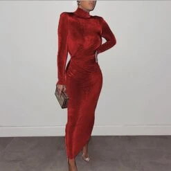 Women‘s Party Dress Velvet Dress Green Long Dress Maxi Dress Green Blue Gold Dark Gray Red Black Long Sleeve Pure Color Ruched Velvet Fall Turtleneck Casual Fall Dress S M L XL XXL XXXL -Tesla Style ulxkwt1631956663941