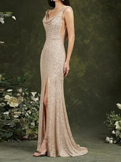 Women's Prom Dress Party Dress Sequin Dress Long Dress Maxi Dress Champagne Sleeveless Pure Color Sequins Spring Fall Winter Spaghetti Strap Fashion Wedding Guest Birthday Evening Party 2023 S M L XL -Tesla Style umegbz1696076698063