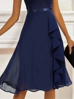 Women's Party Dress Lace Dress Cocktail Dress Midi Dress Dark Blue Short Sleeve Pure Color Lace Summer Spring Fall Crew Neck Fashion Wedding Guest Vacation Summer Dress S M L XL 2XL -Tesla Style umgrnl1686738525824