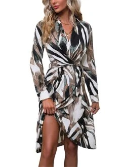 Women's Work Dress Casual Dress Swing Dress Fashion Office Daily Workfashion Midi Dress Lace Up Split V Neck Long Sleeve Print Regular Fit Brown Fall Winter S M L XL -Tesla Style umigbn1695105051827