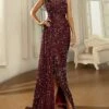 Women‘s Prom Dress Party Dress Sequin Dress Long Dress Maxi Dress Silver Wine Sleeveless Pure Color Sparkly Glitter Sequins Summer One Shoulder Fashion Birthday Vacation Slim 2023 S M L XL XX L -Tesla Style unbnka1694687217627