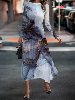 Women's Work Dress Casual Dress Semi Formal Dress Fashion Winter Dress Daily Midi Dress Print Crew Neck Long Sleeve Floral Ombre Slim Light Green Navy Blue Blue Fall Winter S M L XL XXL -Tesla Style uneuer1694750414427