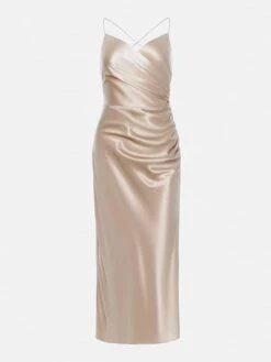 Women‘s Satin Dress Midi Dress Champagne Sleeveless Pure Color Split Ruched Spring Summer V Neck Stylish Elegant Sexy 2022 S M L XL -Tesla Style uoadpa1673502532666