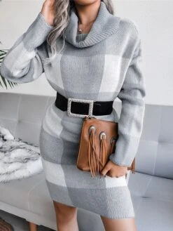 Women‘s Christmas Sweater Dress Winter Dress Sheath Dress Blue Wine Khaki Gray Long Sleeve Plaid Color Block Patchwork Winter Fall Turtleneck Casual S M L -Tesla Style uoanic1634118524150