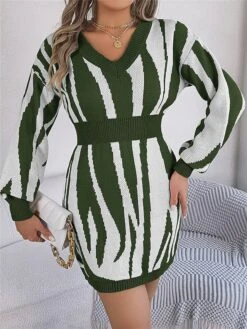 Women's Sweater Dress Winter Dress Jumper Dress Mini Dress Warm Stripe Outdoor Casual Holiday Vacation V Neck Long Sleeve Patchwork 2023 Loose Fit Green Khaki Rose Red S M L -Tesla Style uocbyl1696926516387