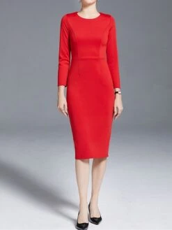 Women's Work Dress Sheath Dress Semi Formal Dress Fashion Winter Dress Office Workfashion Midi Dress Zipper Crew Neck 3/4 Length Sleeve Plain Regular Fit Black Red Fall Winter S M L XL XXL -Tesla Style uodqzk1695030992129