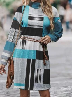 Women's Sweater Dress Jumper Dress Casual Dress Mini Dress Warm Plaid Outdoor Daily Vacation Going Out Turtleneck Long Sleeve 2023 Loose Fit Blue Orange Light Blue S M L XL XXL 3XL -Tesla Style uoggit1695887819754