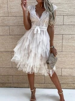 Women's Party Dress Lace Dress Homecoming Dress Midi Dress Black White Pink Sleeveless Pure Color Lace Summer Spring V Neck Vacation Vacation Spring Dress Slim 2023 S M L XL -Tesla Style uohkmx1651566099546