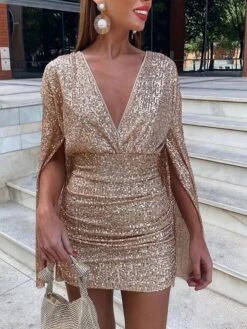 Women‘s Party Dress Sequin Dress Homecoming Dress Cocktail Dress Mini Dress Champagne Dark Green Dark Blue Long Sleeve Pure Color Sparkly Glitter Sequins Spring Fall Winter Deep V Fashion -Tesla Style uokgrg1693535451580
