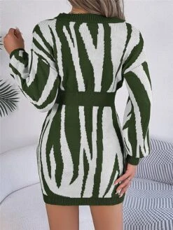 Women's Sweater Dress Winter Dress Jumper Dress Mini Dress Warm Stripe Outdoor Casual Holiday Vacation V Neck Long Sleeve Patchwork 2023 Loose Fit Green Khaki Rose Red S M L -Tesla Style uoswuq1696926514421