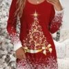 Women's Christmas Work Dress Casual Dress Winter Dress Daily Mini Dress Print Crew Neck Long Sleeve Tree Loose Fit Wine Navy Blue Brown Fall Winter -Tesla Style uozmra1695103250632