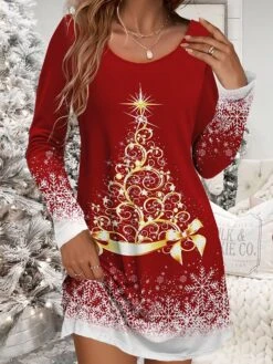 Women's Christmas Work Dress Casual Dress Winter Dress Daily Mini Dress Print Crew Neck Long Sleeve Tree Loose Fit Wine Navy Blue Brown Fall Winter