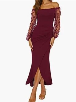 Women's Party Dress Cocktail Dress Wedding Guest Dress Long Dress Maxi Dress Black Wine Army Green Long Sleeve Pure Color Lace Spring Fall Winter Off Shoulder Fashion Winter Dress Wedding Guest -Tesla Style upcwmg1697095999702
