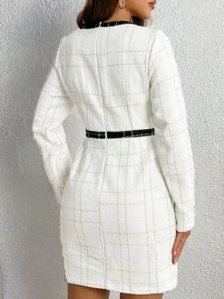 Women's Work Dress Sheath Dress White Dress Fashion Winter Dress Office Mini Dress Patchwork Button Crew Neck Long Sleeve Plain Regular Fit White Fall Winter S M L XL XXL -Tesla Style upgneq1696766065441