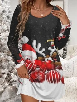 Women‘s Christmas Work Dress Casual Dress Fashion Winter Dress Daily Mini Dress Print Crew Neck Long Sleeve Santa Claus Elk Loose Fit Black Wine Red Fall Winter S M L XL XXL -Tesla Style upjtyt1695103246088
