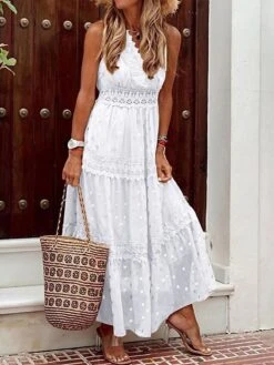 Women's Long Dress Maxi Dress Party Dress Casual Dress A Line Dress Polka Dot Modern Casual Outdoor Daily Holiday Lace Ruffle Sleeveless V Neck Dress Regular Fit White Summer Spring S M L XL XXL