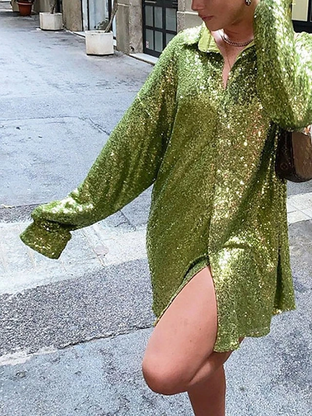 Women's Shirt Dress Party Dress Sequin Dress Mini Dress Light Pink Blue Green Long Sleeve Pure Color Sequins Spring Fall Winter Shirt Collar Fashion Winter Dress Vacation Fall Dress 2023 S M L 11 Women's Shirt Dress Party Dress Sequin Dress Mini Dress Light Pink Blue Green Long Sleeve Pure Color Sequins Spring Fall Winter Shirt Collar Fashion Winter Dress Vacation Fall Dress 2023 S M L - Image 9