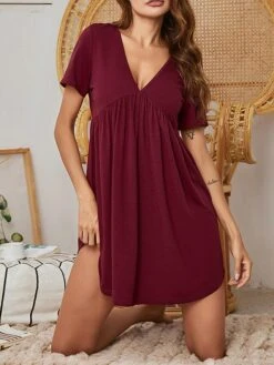 Women's Casual Dress Night Dress Mini Dress Daily Casual Ruched Solid Color V Neck Home Lounge Black Wine 2023 Summer Spring S M L XL -Tesla Style uqhixz1692771039008