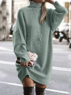 Women‘s Sweater Dress Winter Dress Green Khaki Light Gray Light Blue Long Sleeve Pure Color Knit Winter Fall Turtleneck Basic Casual Fit 2022 S M L XL XXL 3XL 4XL -Tesla Style uqjvpa1693965257821