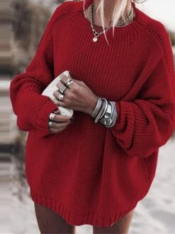 Women's Sweater Dress Jumper Dress Knit Dress Mini Dress Warm Pure Color Outdoor Casual Going Out Crew Neck Long Sleeve 2023 Loose Fit Black Pink Red S M L XL -Tesla Style uqlqoi1694166174077