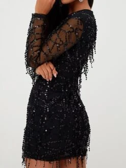 Women‘s Party Dress Fringe Dress Sequin Dress Homecoming Dress Mini Dress Black Long Sleeve Pure Color Sequins Fall Winter Autumn Crew Neck Fashion Party Winter Dress Fall Dress 2023 S M L XL -Tesla Style uqqqqj1657873834174