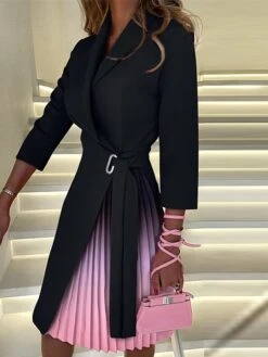 Women‘s Work Dress Blazer Dress And Jacket Set Black Dress Knee Length Dress Black White Pink Long Sleeve Color Gradient Pleated Fall Winter Autumn Shirt Collar Elegant Winter Dress Fall Dress 2023 -Tesla Style urcela1664282019764