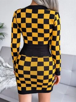 Women's Sweater Dress Jumper Dress Casual Dress Mini Dress Fashion Plaid Outdoor Daily Vacation Going Out V Neck Long Sleeve 2023 Loose Fit Black Yellow Wine One Size -Tesla Style urhxec1694756667596