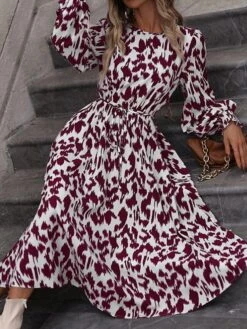 Women's Work Dress Casual Dress Swing Dress Fashion Daily Workfashion Midi Dress Print Crew Neck Long Sleeve Leopard Loose Fit Red Orange Fall Winter S M L XL -Tesla Style urovve1695030983793