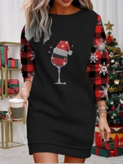 Women's Christmas Casual Dress Sweatshirt Dress Mini Dress Warm Fashion OutdoorVacation Crew Neck Printhat Loose Fit Black Wine Red S M L XL XXL
