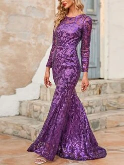 Women's Prom Dress Party Dress Sequin Dress Long Dress Maxi Dress Purple Gold Long Sleeve Solid Color Sequins Spring Fall Winter Crew Neck Fashion Party Winter Dress Wedding Guest 2022 S M L XL XXL -Tesla Style urpejf1663663293490