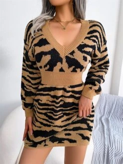 Women's Sweater Dress Jumper Dress Casual Dress Mini Dress Fashion Stripe Outdoor Daily Going Out V Neck Long Sleeve 2023 Loose Fit Blue Khaki Gray S M L -Tesla Style urtymh1695030474481