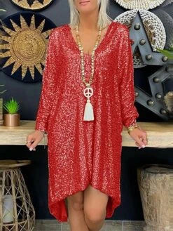 Women‘s Party Dress Sequin Dress Black Dress Midi Dress Red Gold Long Sleeve Pure Color Sequins Winter Fall Spring V Neck Fashion Party Daily Wedding Guest Loose Fit 2023 S M L XL -Tesla Style usafbj1657871479167