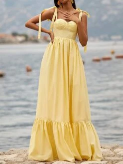 Women's Party Dress Wedding Guest Dress Swing Dress Long Dress Maxi Dress Yellow Sleeveless Pure Color Ruched Summer Spring Spaghetti Strap Party Birthday Wedding Guest Vacation Slim 2023 S M L XL -Tesla Style usaizv1683618535582