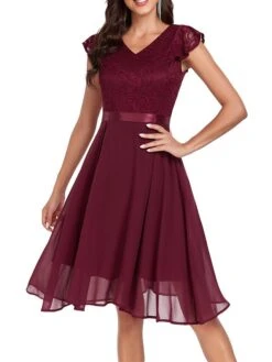 Women's Party Dress Lace Dress Cocktail Dress Midi Dress Pink Wine Navy Blue Short Sleeve Pure Color Lace Spring Fall Winter V Neck Fashion Winter Dress Wedding Guest Vacation 2023 S M L XL XXL -Tesla Style usrkag1692179075759