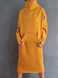 Women's Sweatshirt Dress Casual Dress Midi Dress Fashion Daily Outdoor Vacation Going Out Turtleneck Pocket Solid Color Regular Fit Black Yellow Purple S M L XL XXL